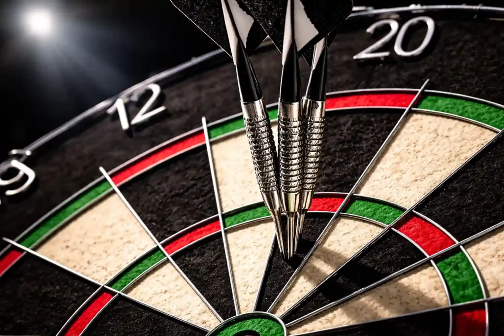 Close-up van een dartbord met drie pijlen in de triple-20 onder podiumverlichting