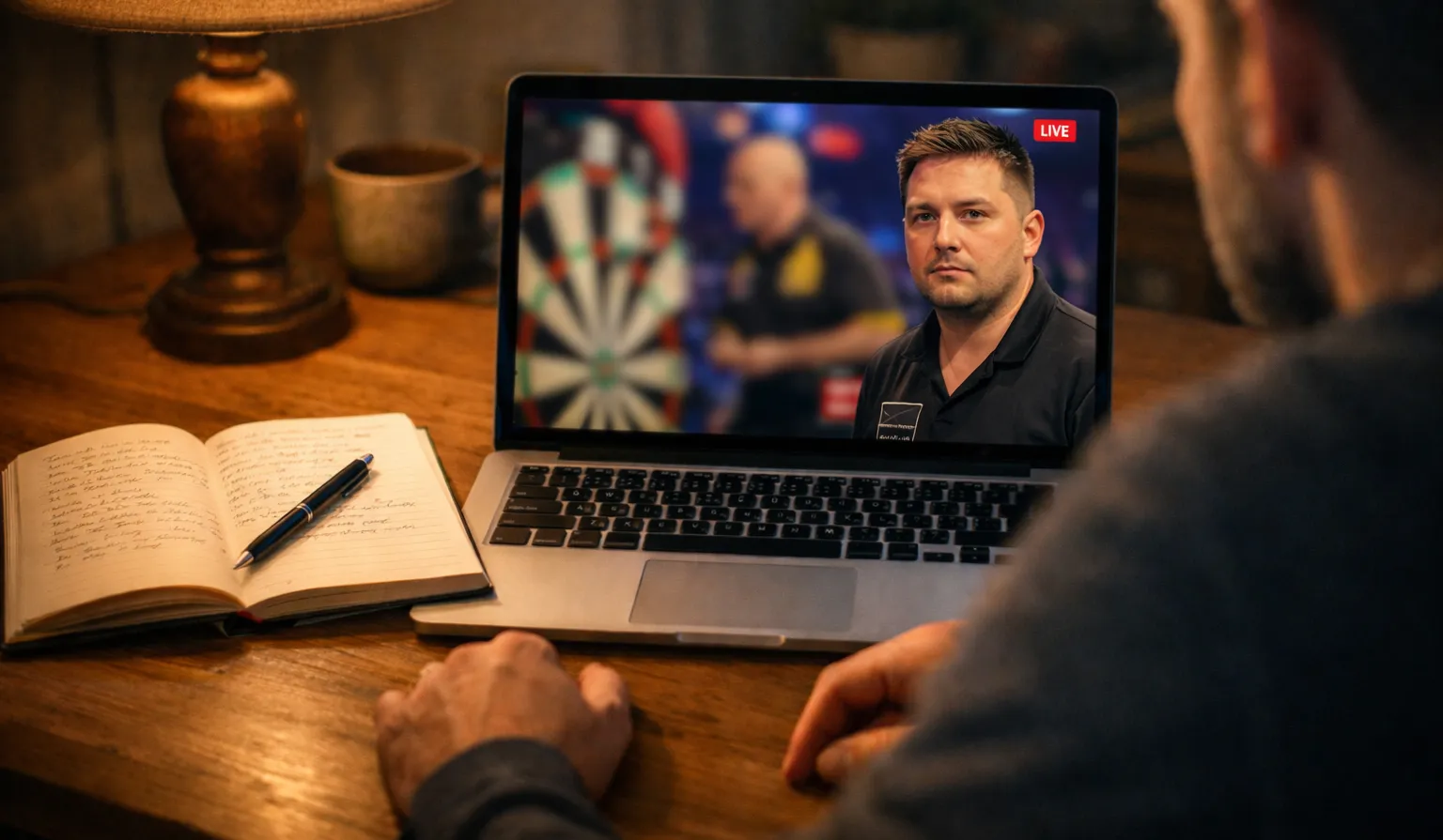 Persoon bekijkt een darts livestream op laptop met notitieblok ernaast