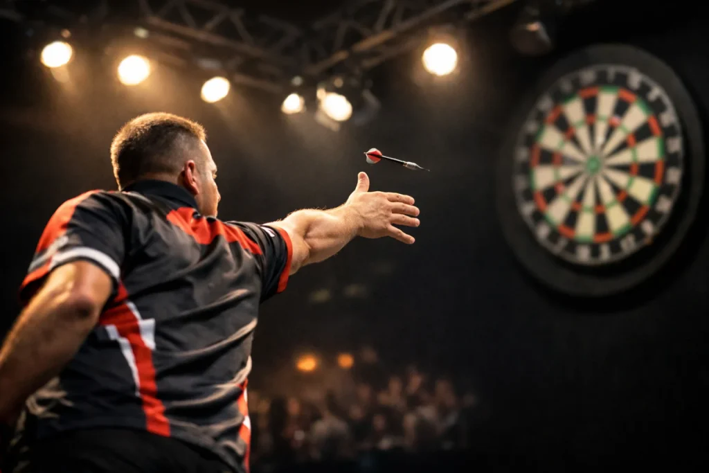 Dartspeler gooit pijl op het podium terwijl het scorebord meebeweegt tijdens een live wedstrijd