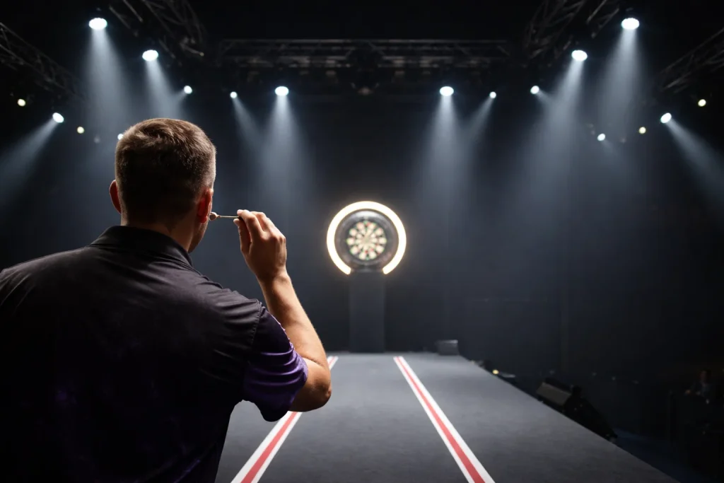 Dartspeler concentreert zich voor een worp op het podium met fel verlicht dartbord