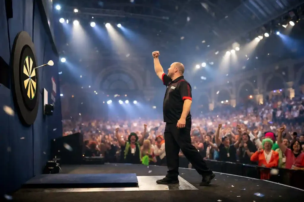 Dartspeler op het podium van Alexandra Palace met juichend publiek op de achtergrond